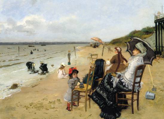 海,图片,母亲带着女儿在海滩上,厄内斯特安杰迪兹,流派