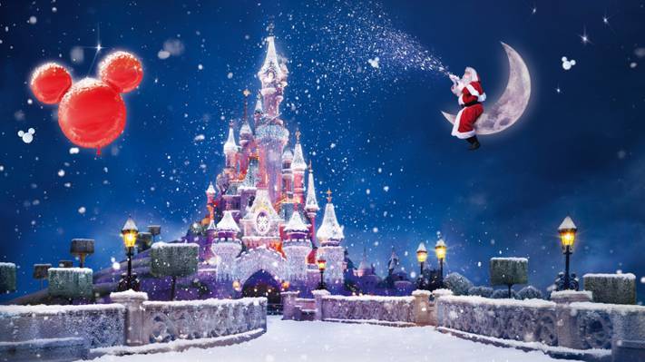 壁纸魔术,假期,雪,新年,迪斯尼乐园,巴黎,城堡,灯光,月亮,花环,巴黎迪斯尼乐园,圣诞节,...