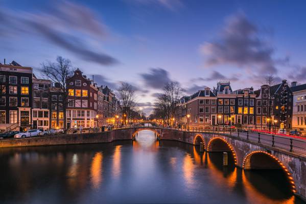 荷兰,桥,阿姆斯特丹,灯,阿姆斯特丹,通道,荷兰,晚上