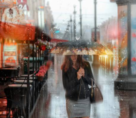 夏天,雨伞,圣彼得堡,雨,女孩