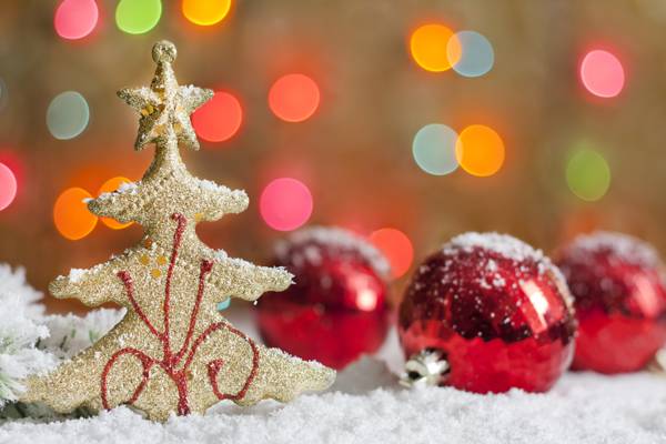 新年,假期,雪,红,图,散景,树,球,圣诞节,黄金