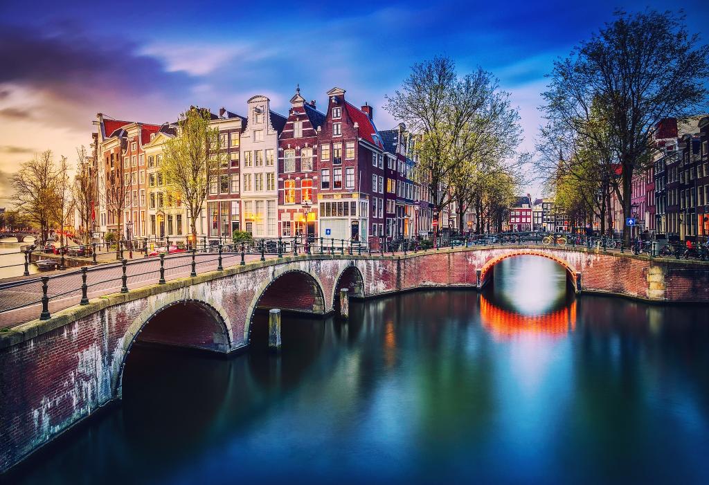 春天,晚上,荷兰,通道,阿姆斯特丹,灯光,城市,树木,家,自行车,桥梁
