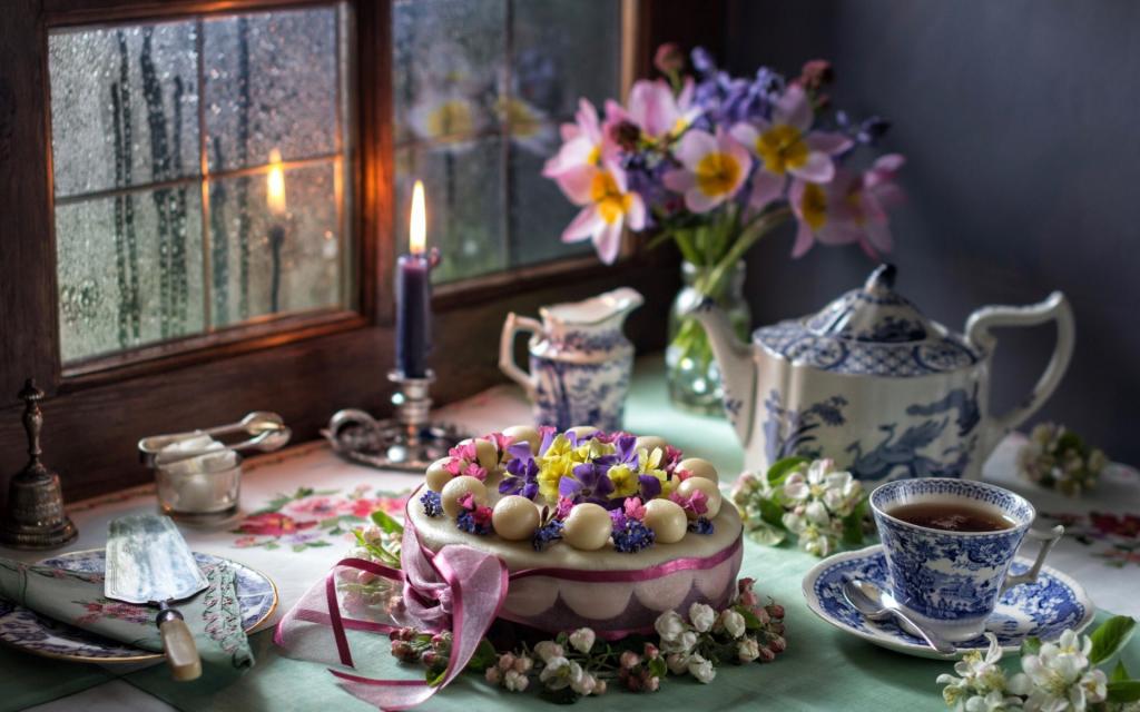 花束,窗口,茶,蜡烛,苹果,蛋糕