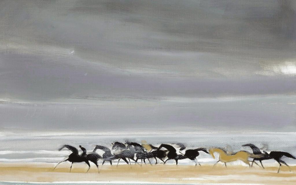 马在海滩上,风景,云,牧群,图片,安德烈Brasilier