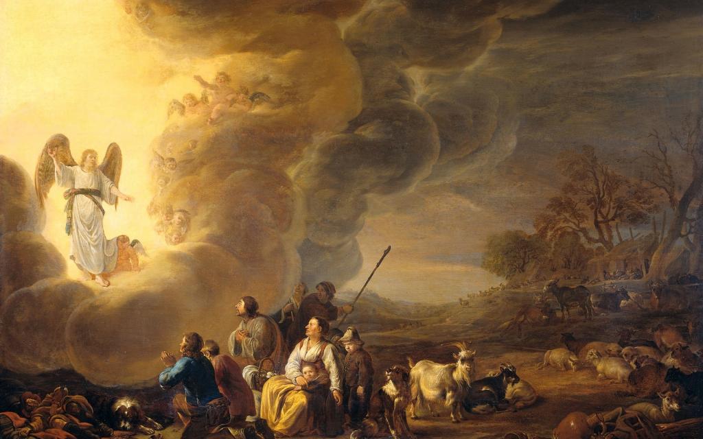 向牧羊人宣布,神话,油,树,图片,Cornelis Saftleven