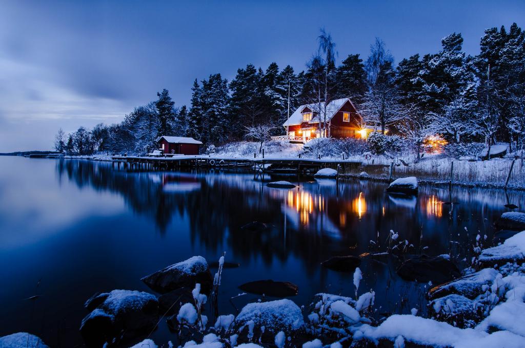 反射,雪,冬季,树,斯德哥尔摩,晚上,水,晚上,房子,瑞典,森林