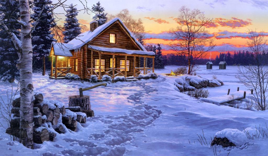 云杉,雪,斧头,冬天,冬季幸福,小屋,绘画,火灾,达雷尔布什,房子,晚上,...