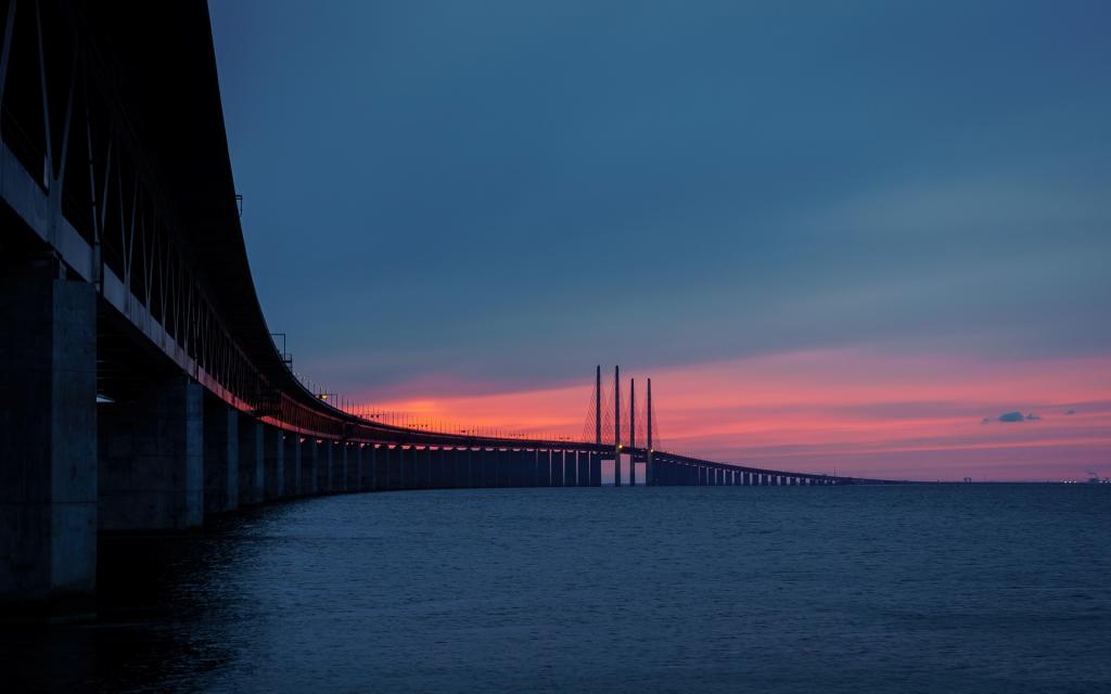 Bunkeflostrand,Skane,桥,Öresund桥,瑞典,日落