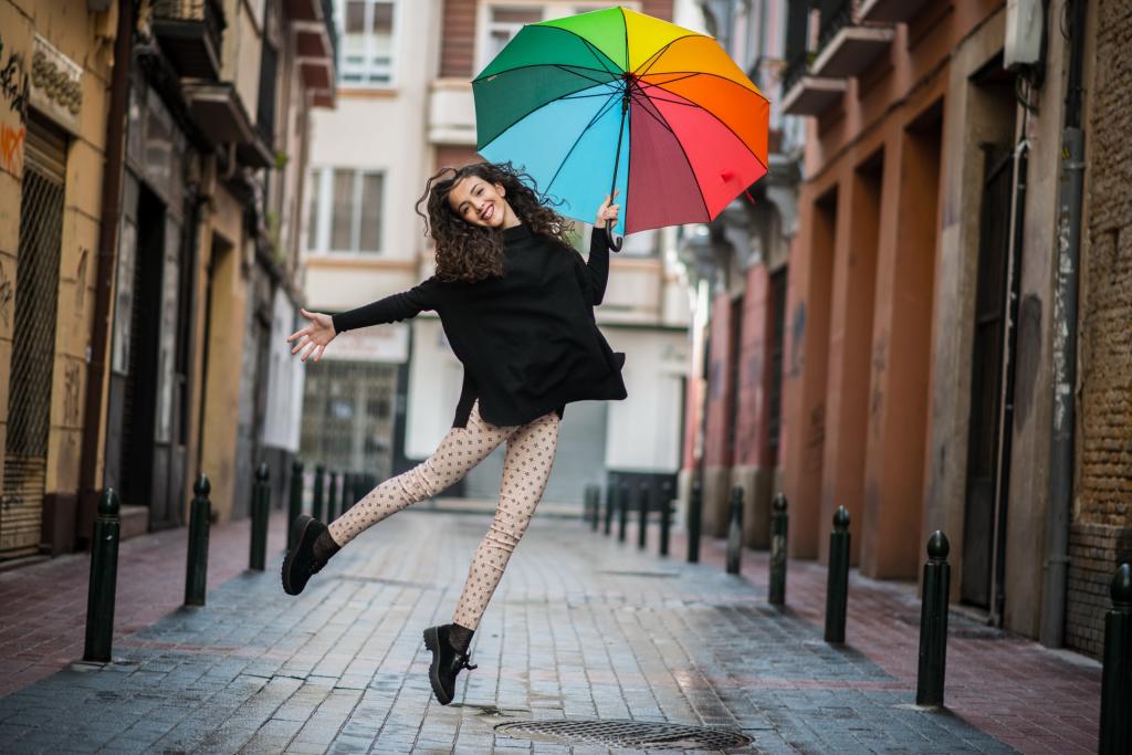 城市,伞,微笑,女孩,心情,街道