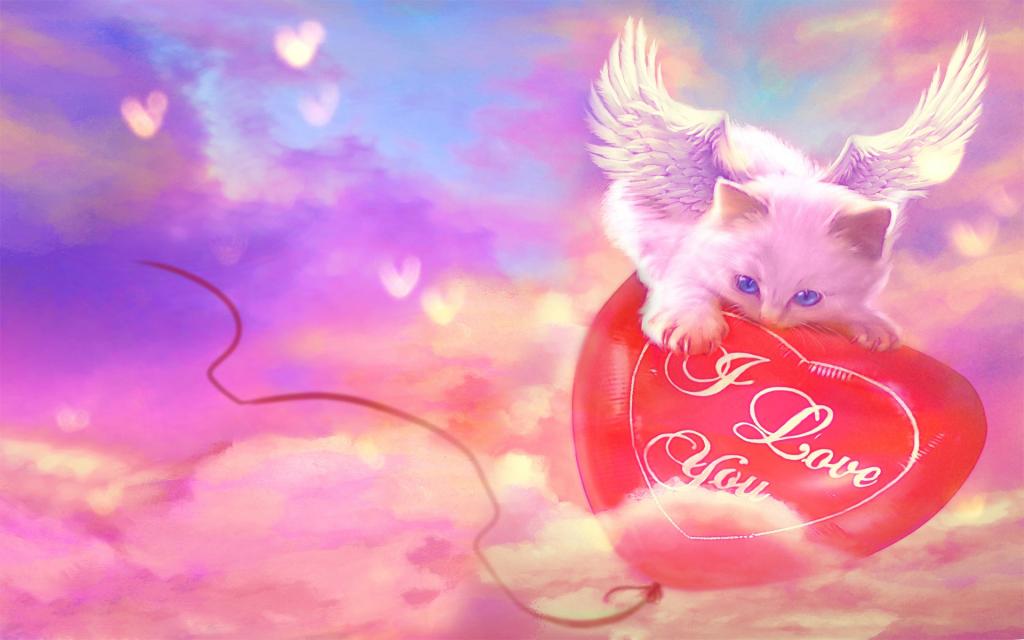 猫,我爱你,气球,翅膀,心,题词