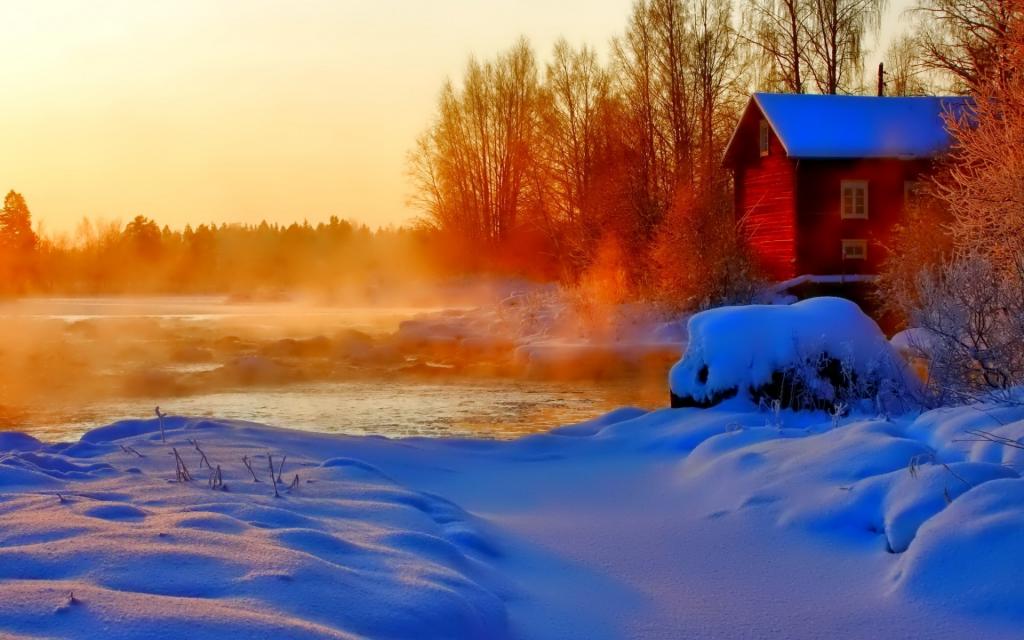夫妇,雪,冬天,树,房子,天空,河,日落