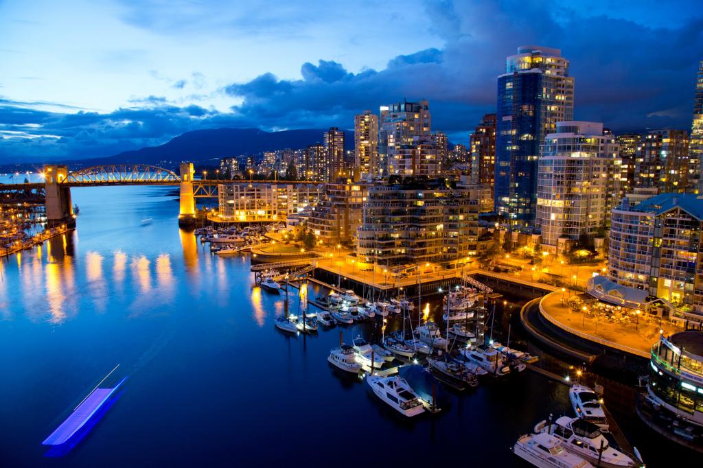 桥,反射,灯,船,水,晚上,码头,温哥华,建筑,加拿大