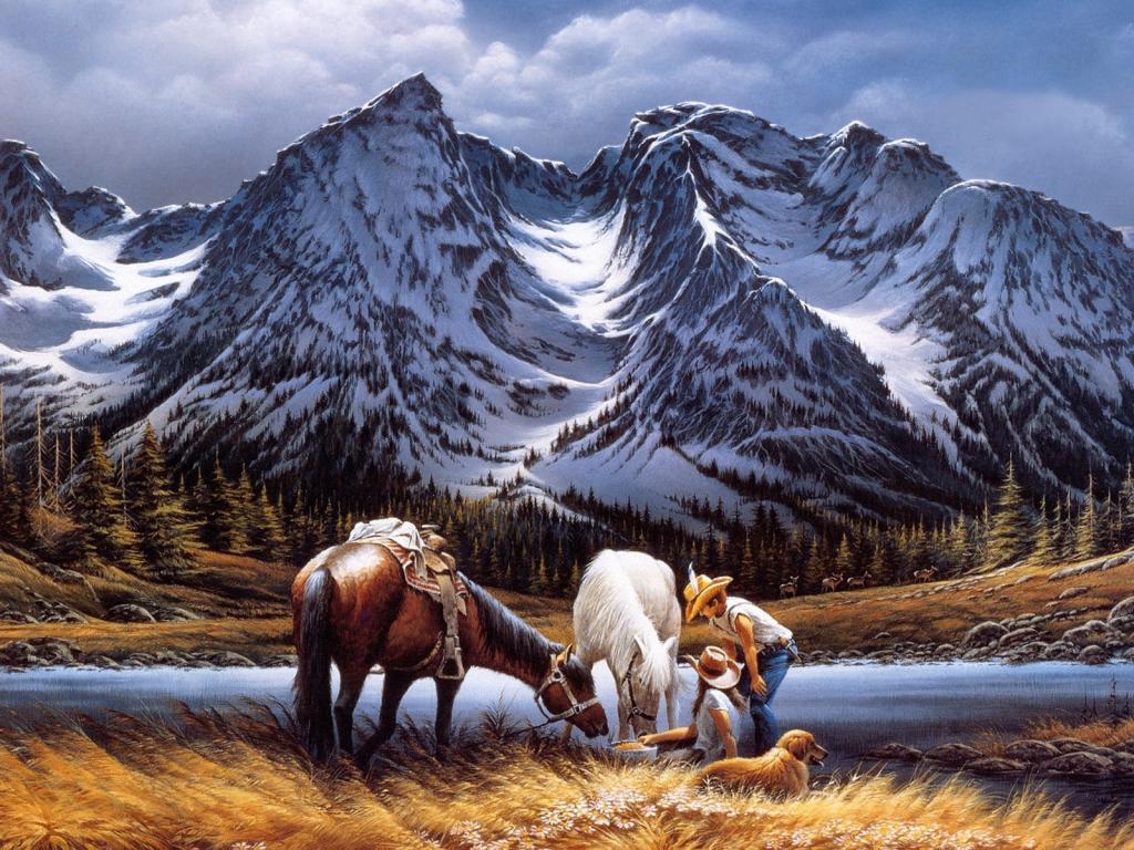 男人和女人与两匹马和一个金毛图高清壁纸