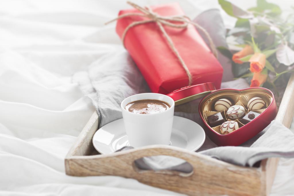 早餐,心,爱情,情人节那天,玫瑰,礼物,咖啡,浪漫,玫瑰,巧克力,糖果
