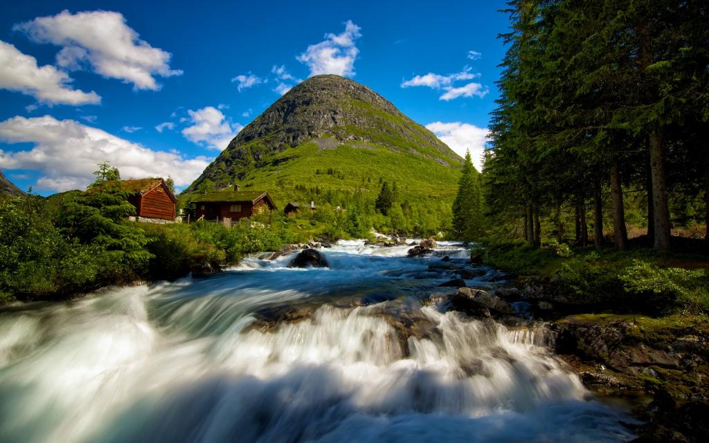 瀑布,挪威,房屋,Valldalen,山