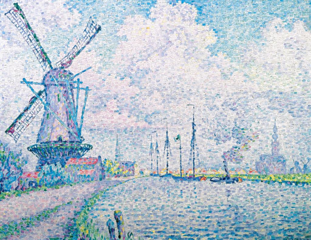 景观,Overschie运河,点彩派,保罗Signac,风车,图片