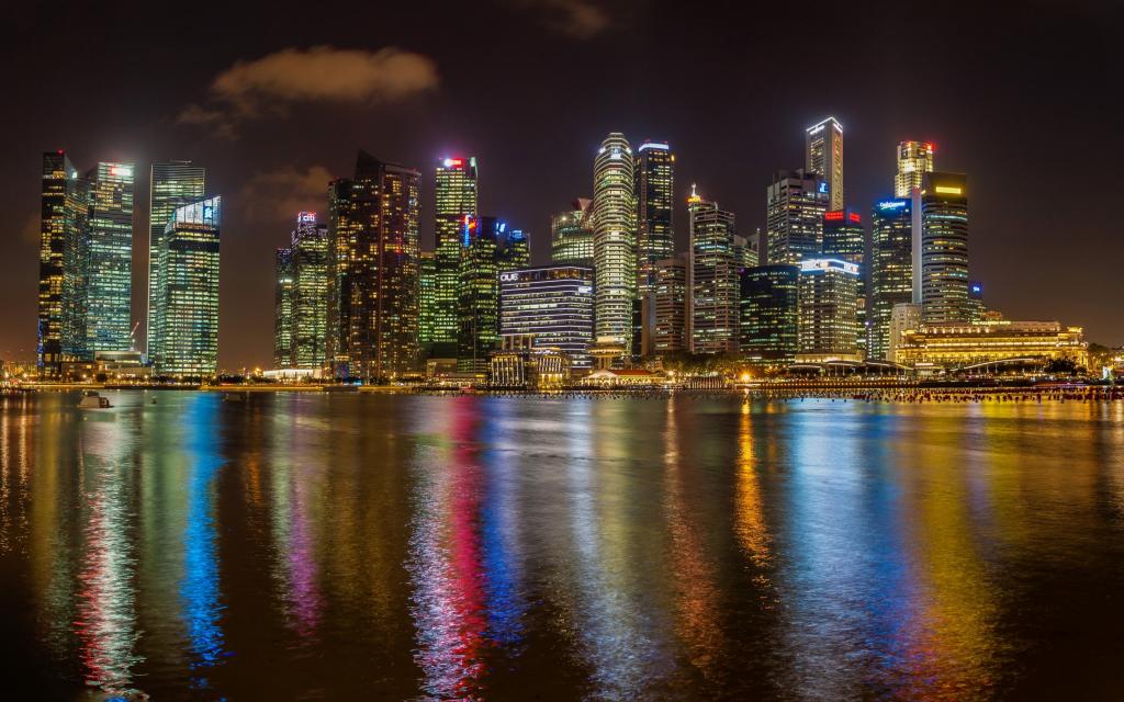 灯,摩天大楼,夜,新加坡,湾,海岸