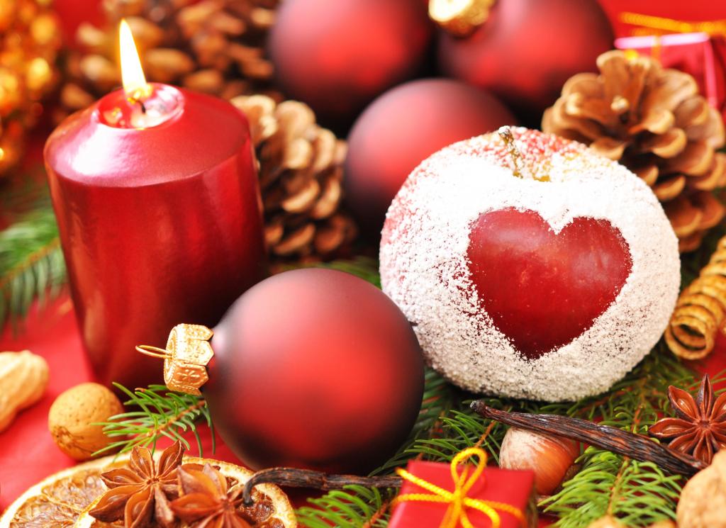 节日,心,颠簸,圣诞节,粉,新的一年,针,苹果,新年,蜡烛,球
