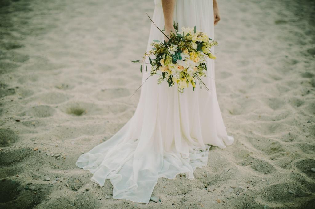 鲜花,新娘,白色,花束,沙滩,裙子,沙子