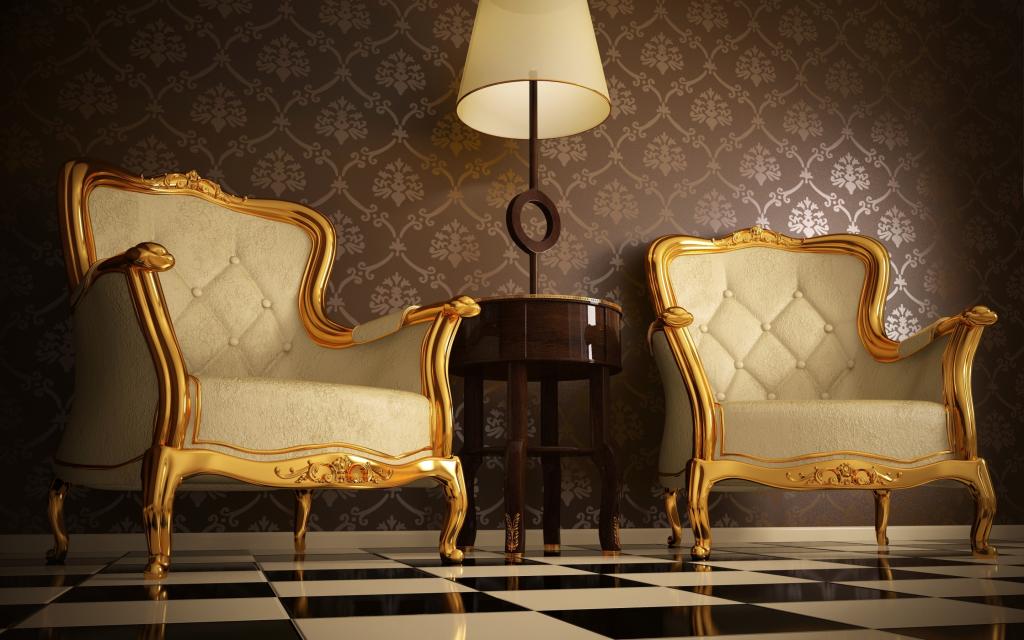 壁纸的舒适,与方形马赛克地板,轻木桌,优质皮革,扶手椅与装饰品,画金...