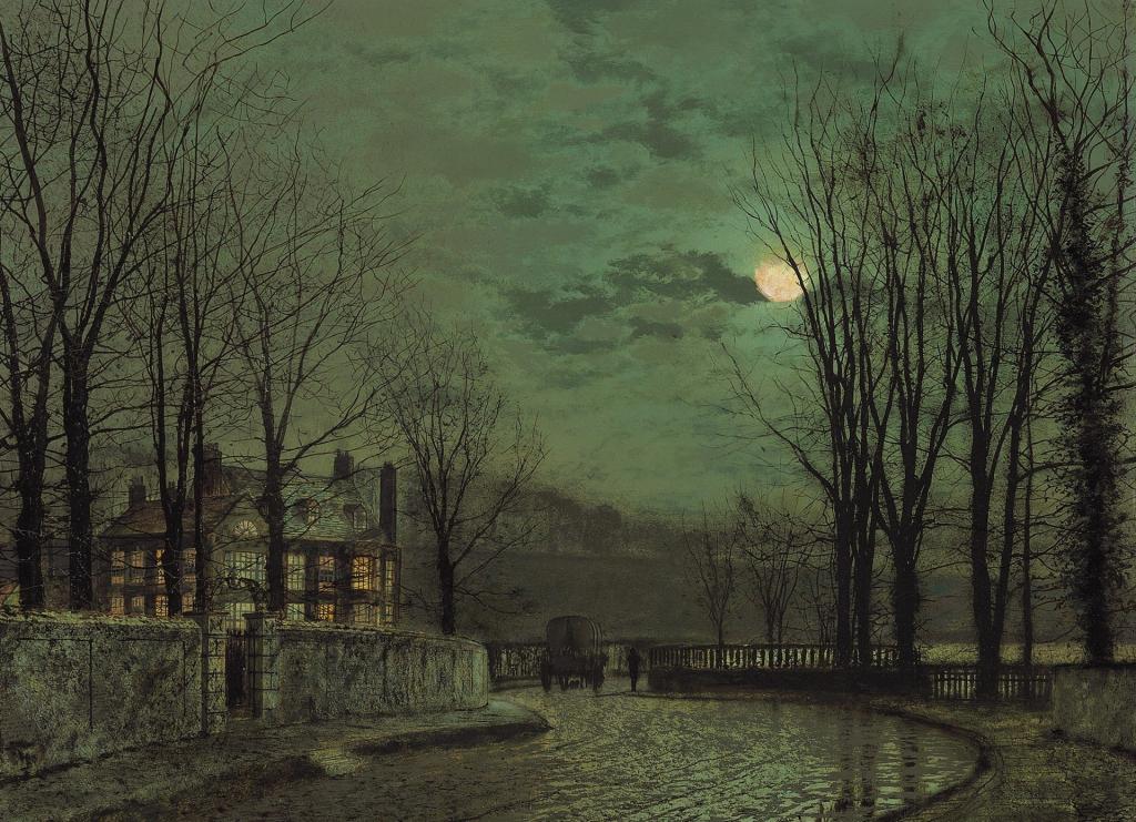 11月的月光下,约翰·阿特金森·格里姆肖,城市景观,房子,围墙,街道,树木,约翰...