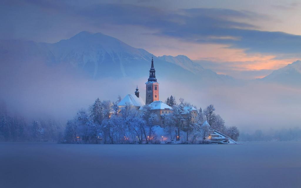 山,岛,冬季,雾,家,教堂,斯洛文尼亚,布莱德湖