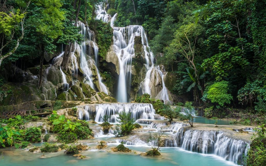 老挝,石头,瀑布,狂石瀑布,树木,岩石,森林