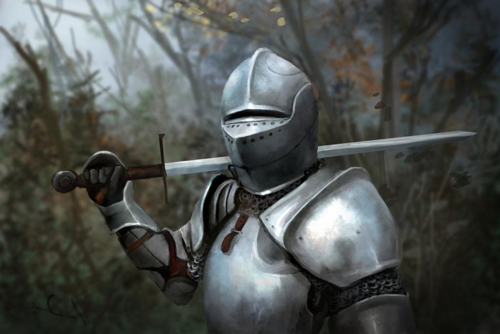 武器,骑士,艺术,头盔,盔甲,树,刀片,叶子,剑,金属,森林