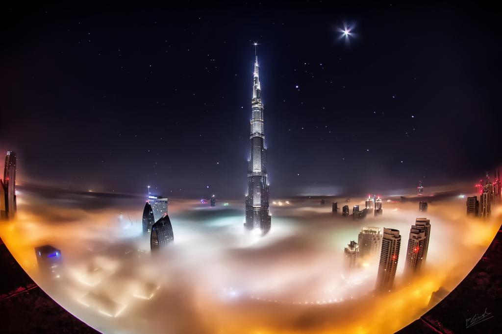 雾,摩天大楼,迪拜,哈利法塔,城市,迪拜,夜晚,阿联酋,星星,云