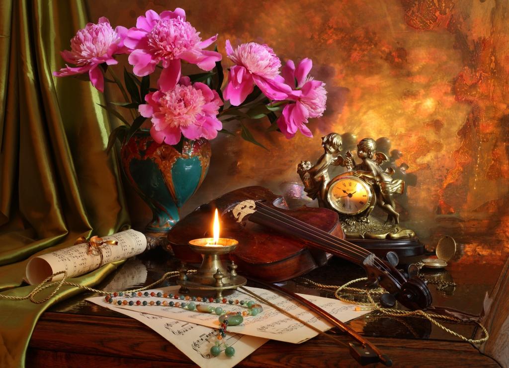 珠子,手表,花束,静物,牡丹,蜡烛,笔记,小提琴