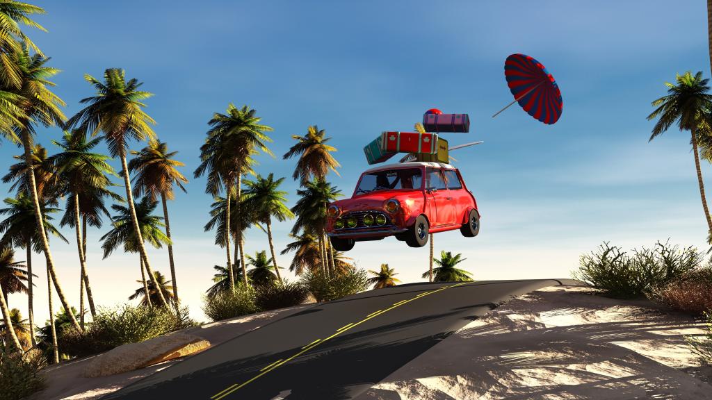 棕榈树,3D图形,速度,道路,伞,假期,手提箱,机器,汽车,太阳,天空