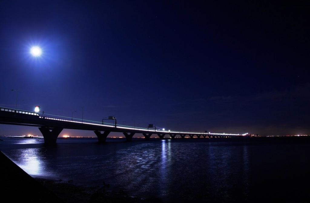 桥,河,桥,光,城市,灯光,月亮,月亮,夜晚,光,水