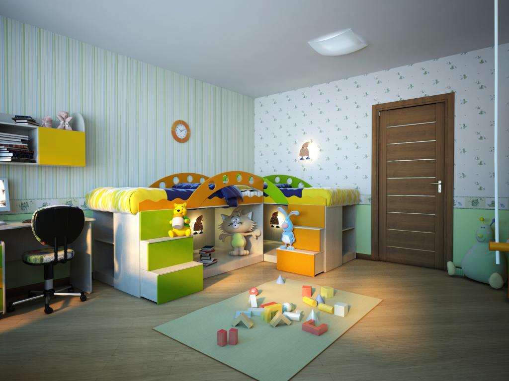 房间,儿童,玩具,门,床,壁纸,设计