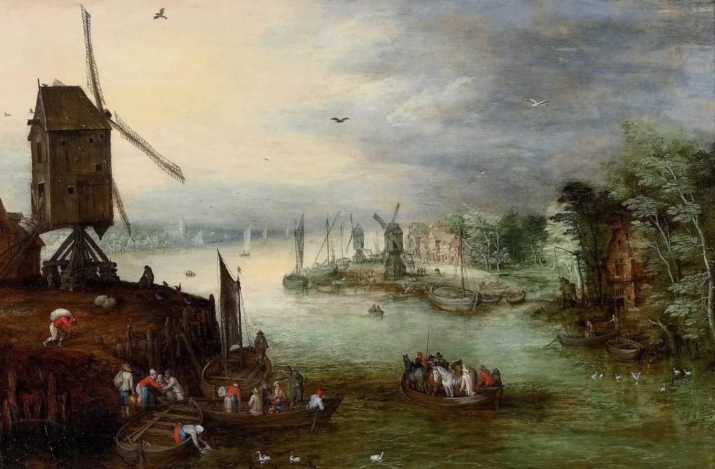 图片,船,Jan Brueghel更年轻,河,河与磨坊景观