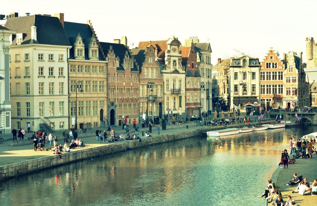 比利时,根特,反射,桥,家,人,城市,Windows,通道,水,灯,建筑