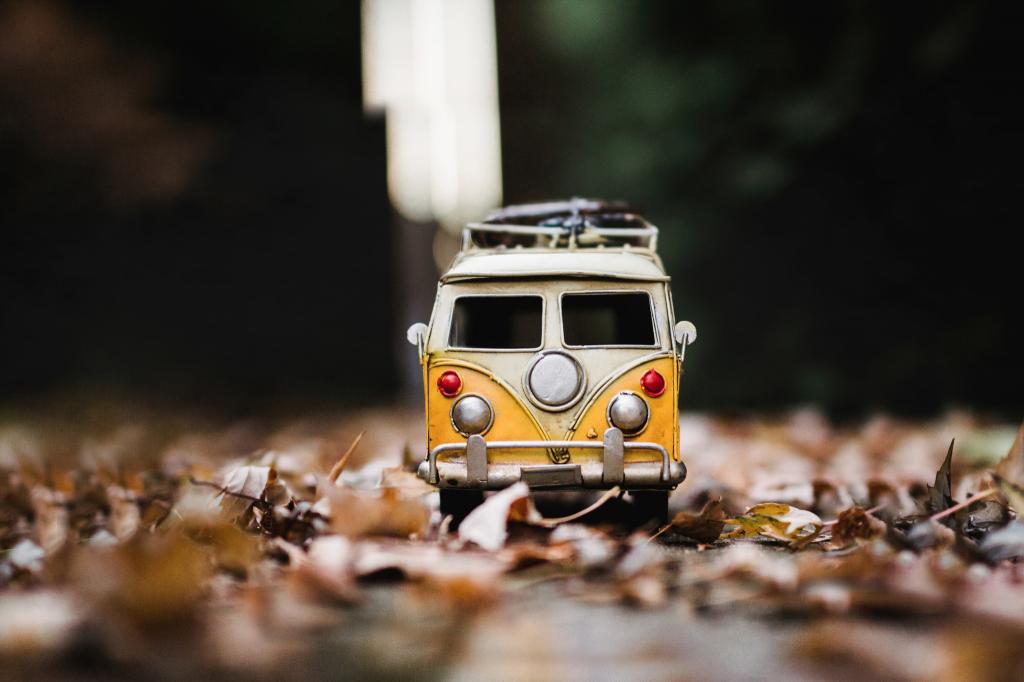 落叶中的玩具小汽车