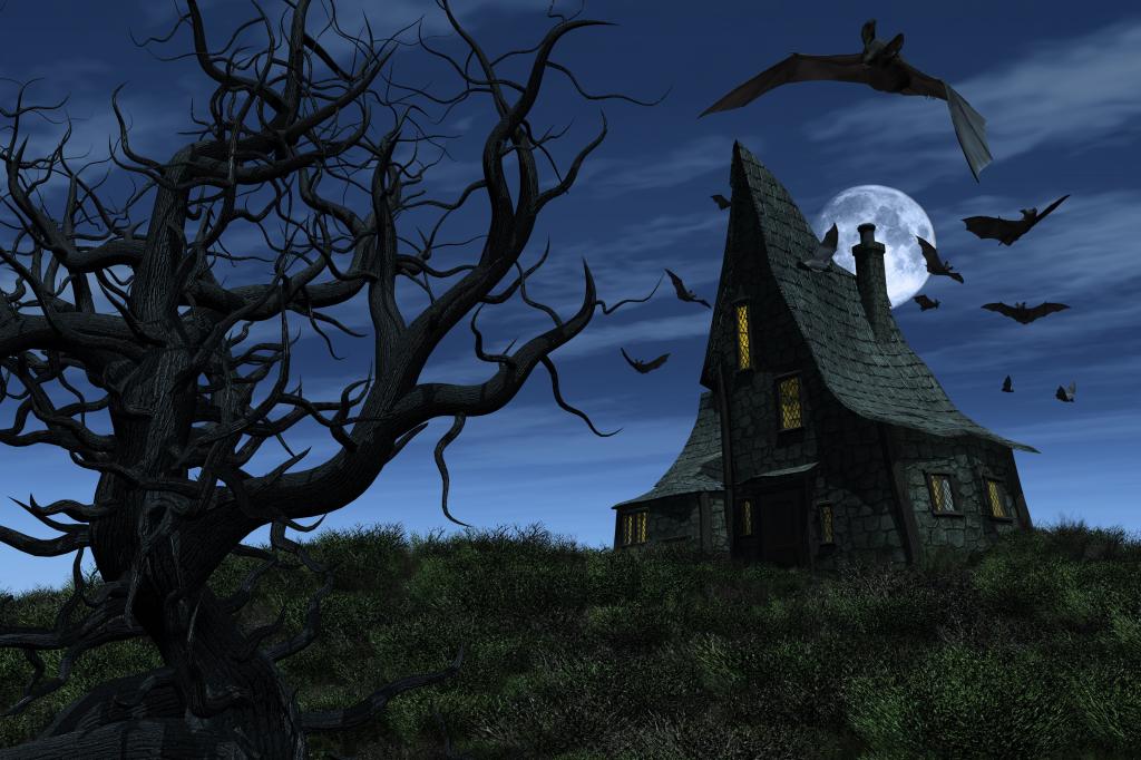 蝙蝠,鬼屋,鬼屋,吓人,恐怖,满月,怪异的树,万圣节,万圣节,令人毛骨悚然的树,...