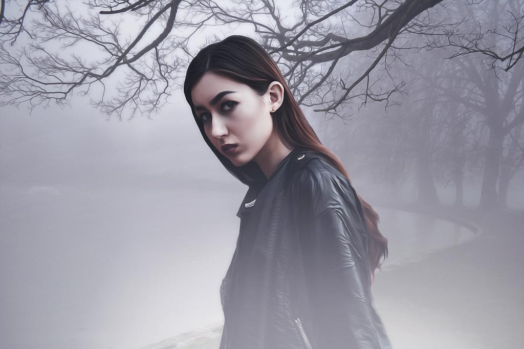 女人穿着黑色皮夹克与树和雾背景的照片高清壁纸