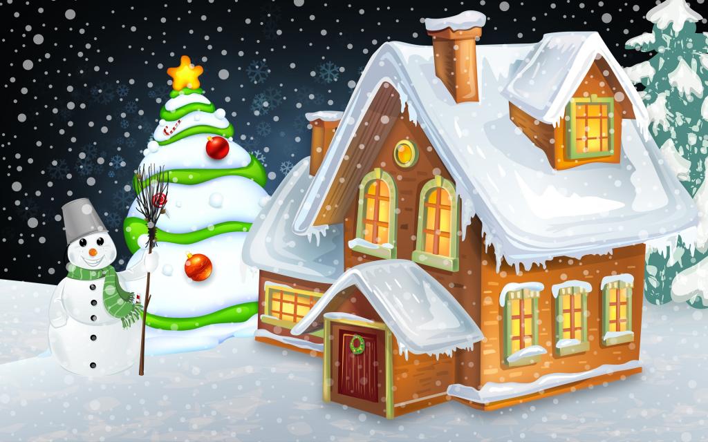 冬天雪人房子树木图片图片