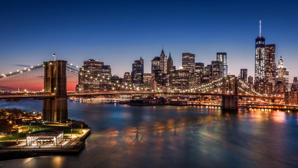曼哈顿,纽约,布鲁克林大桥,摩天大楼,城市,灯,港口,晚上,美国