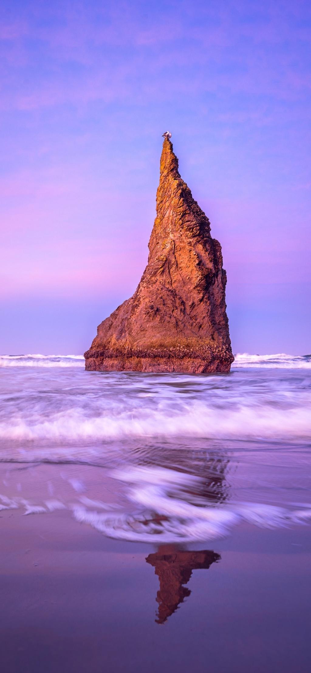 紫色天空下的海蚀柱