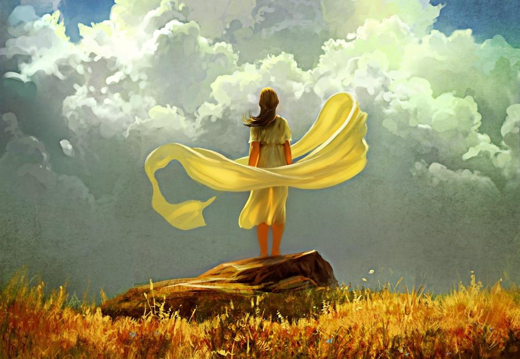 黄色,艺术,风,女孩,石,云,天空,草,秋天,织物