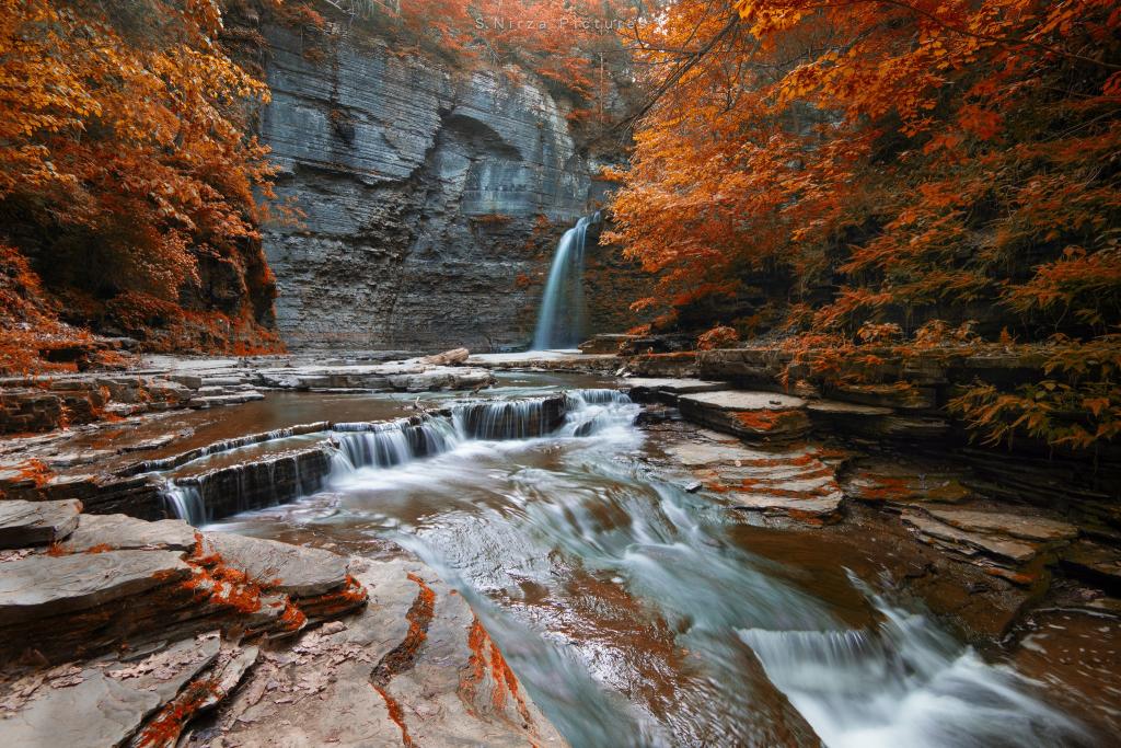 岩石,秋天,瀑布,树木,河流,森林
