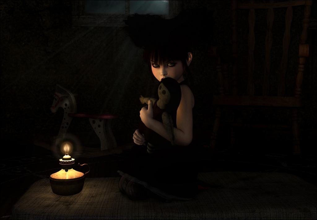 女孩,玩具,艺术,灯,蜡烛,黑暗,孤独,火