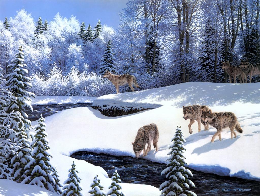 树,动物,雪,冬天,霜,在徘徊,狼包,罗伯特A. Richert,绘画,童话...