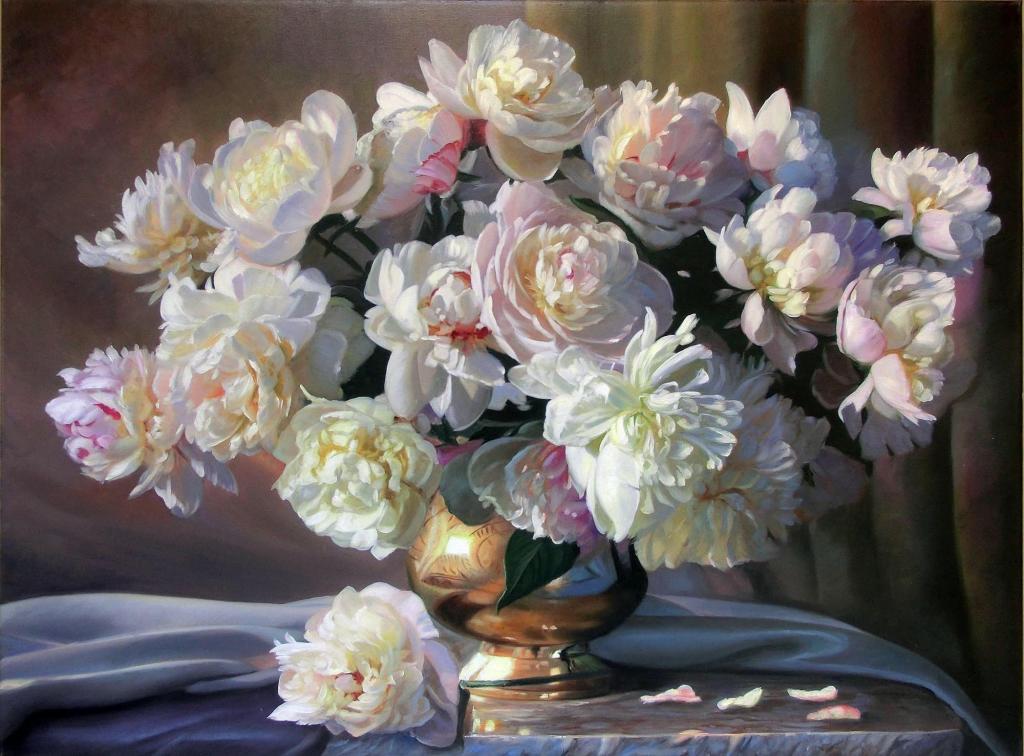 花瓶,鲜花,图片,花束,Zbigniew Kopania,白色,静物,花瓣,牡丹,面料