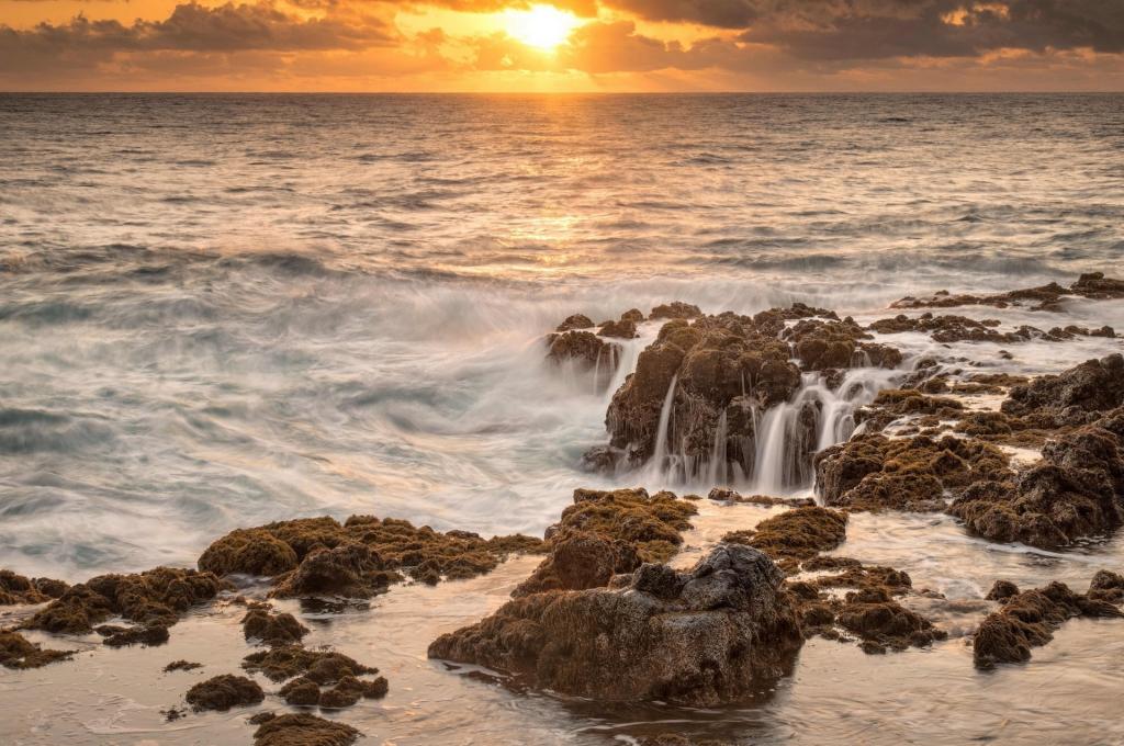 日落,夏威夷,夏威夷,凯卢阿湾,莫科莱亚岩,石头,凯卢阿湾
