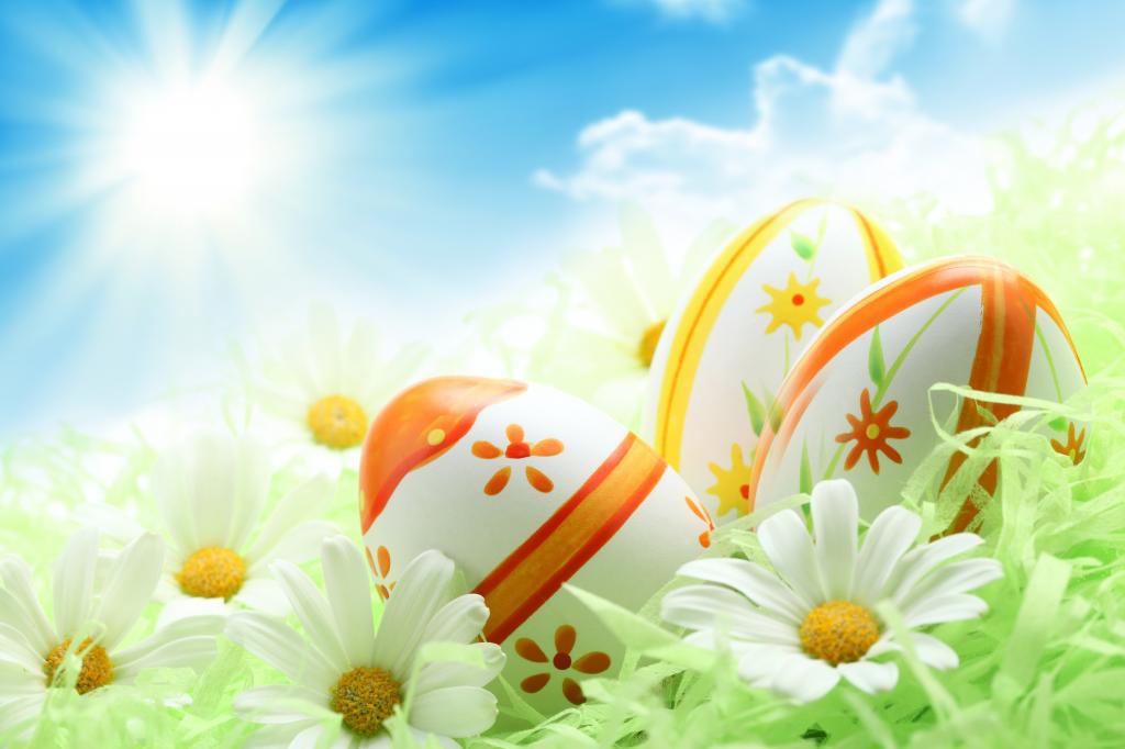 假日,复活节,鸡蛋,洋甘菊,绿党,蓝色,太阳,天空