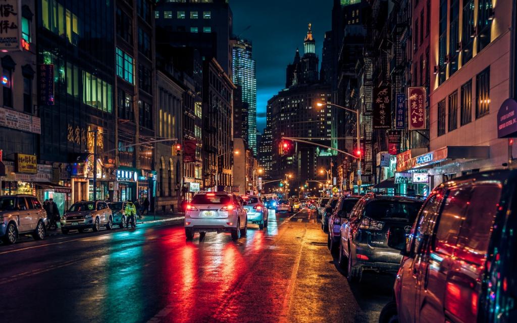 曼哈顿,唐人街,晚上,街头,灯光,纽约,纽约,曼哈顿