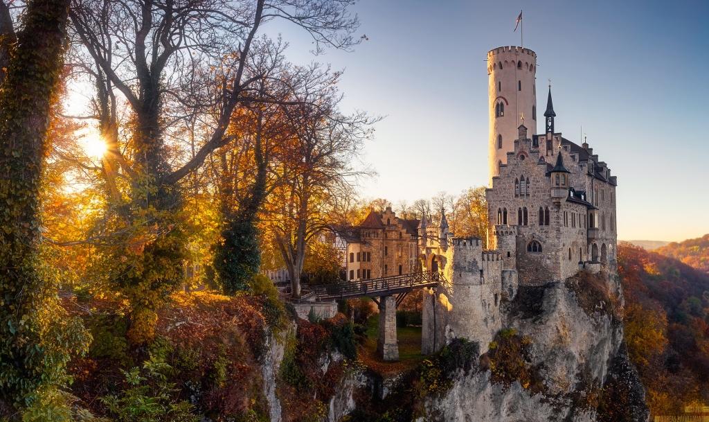 城堡,秋天,树木,德国,太阳